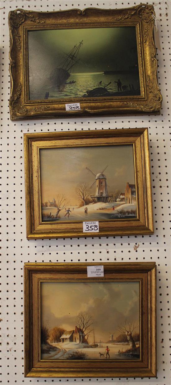 19C oil on board, Coastal nocturne with figures and vessels & a pair of Dutch style oils on panel